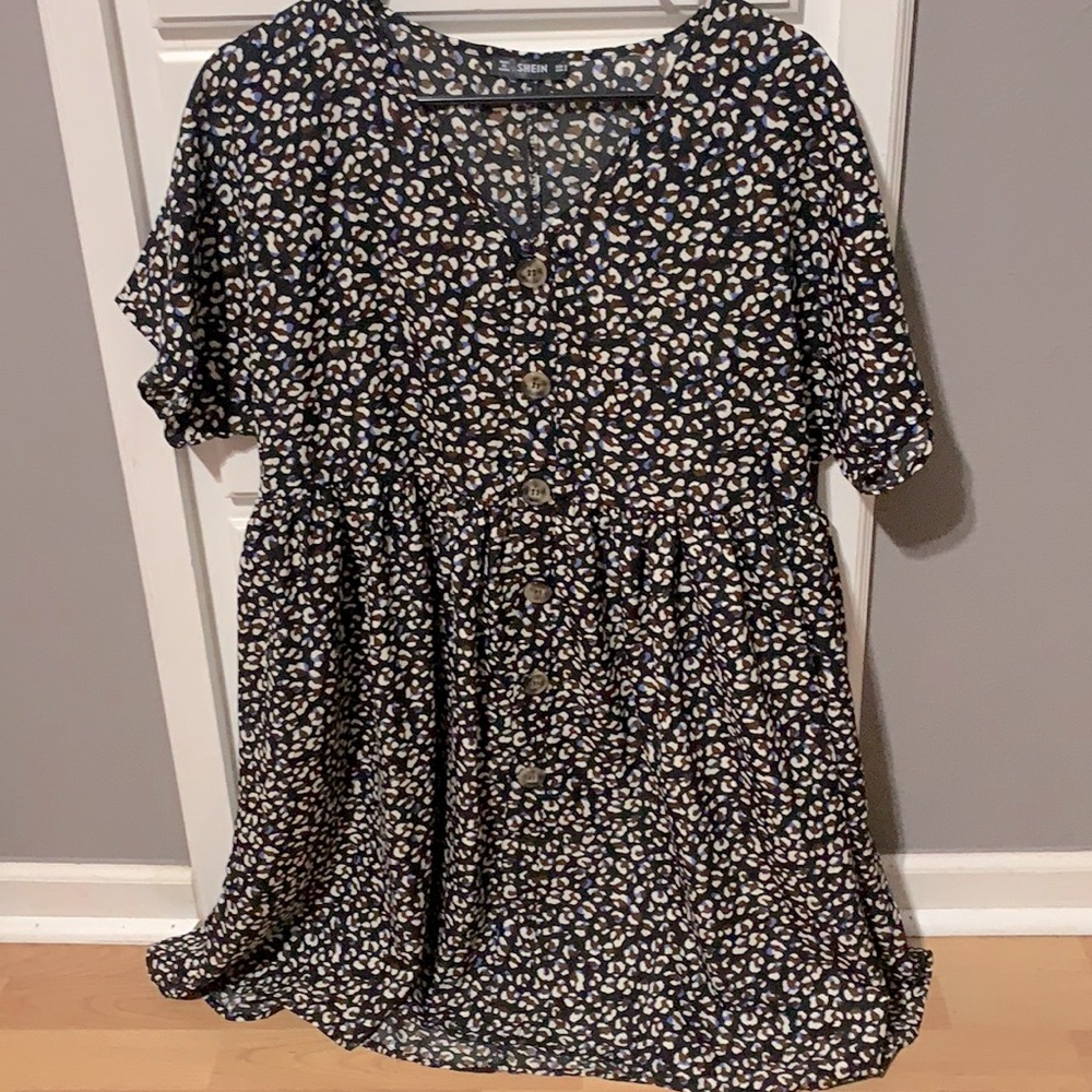 SHEIN Button Front Leopard Print Tea Dress